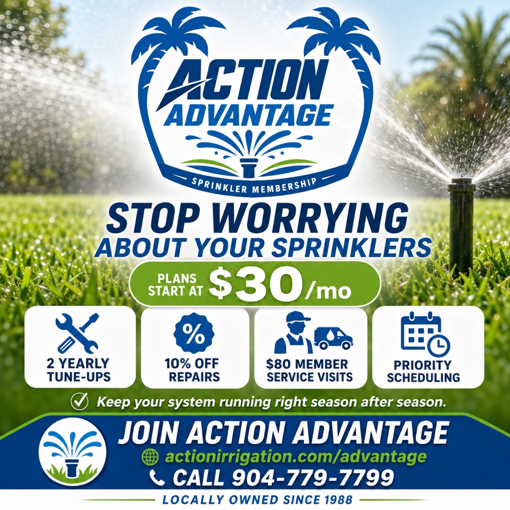 Action Advantage sprinkler membership — plans start at $30/mo, with 2 yearly tune-ups, 10% off repairs, $80 member service visits, and priority scheduling.