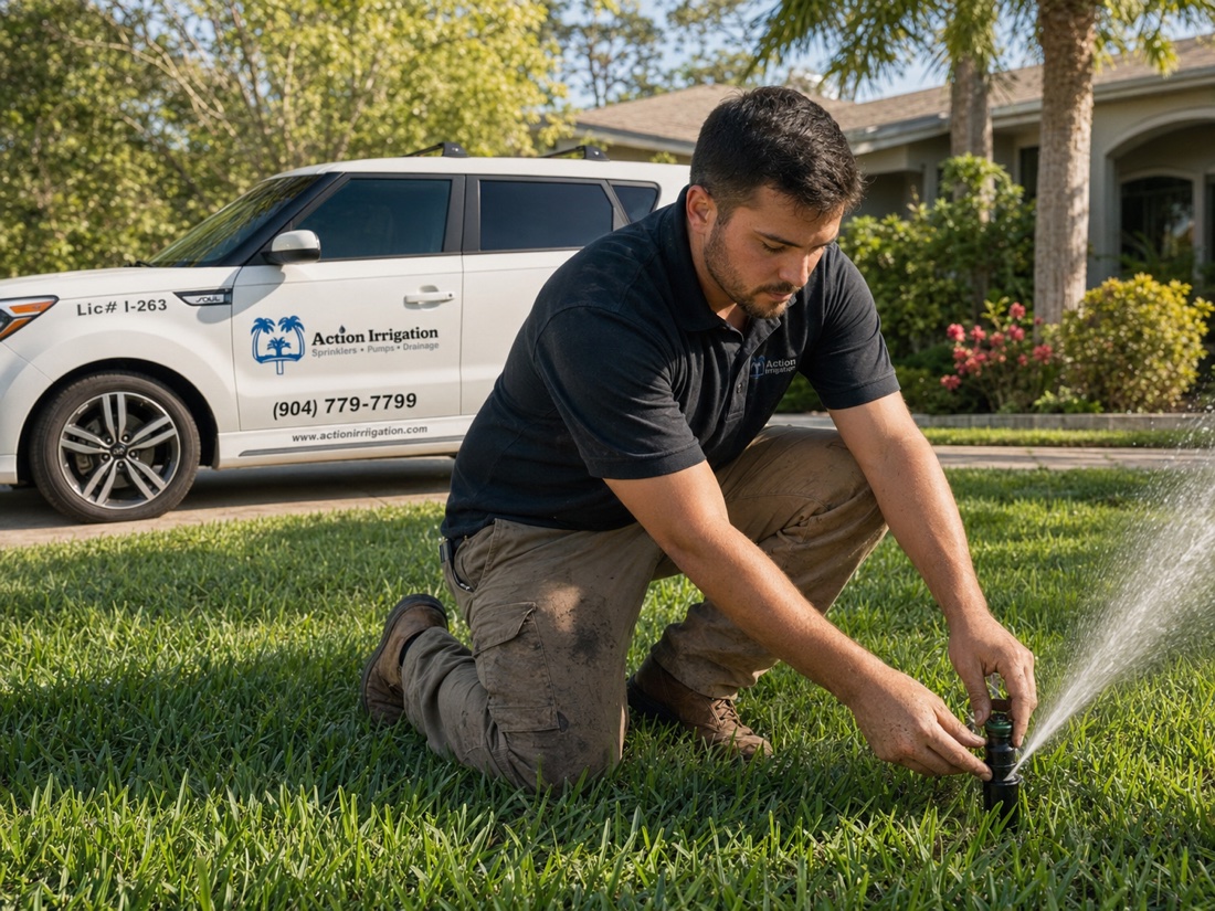Action Irrigation technician adjusting a sprinkler head in a green Jacksonville lawn, branded service van in the driveway